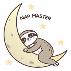 Fototapete - Adorable sloth sleeping on crescent moon, nap master design