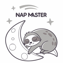 Fototapete - Adorable sloth sleeping on crescent moon, nap master design