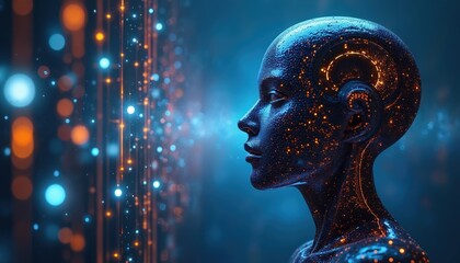 Poster - Futuristic tech AI portrait, human face profile in blue tones. Digital glowing particles, concept art of voice recognition, smart home tech. Artificial intelligence, machine learning. Cyberspace