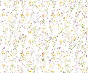 Poster - watercolor white floral print, meadow flowers, pastel colors, cute floral pattern with small flowers, white background, watercolor paper texture