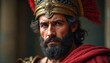 © Maryna - Ancient Greek commander portrait with helmet. Warrior with intense look. Man in war costume. Gold headwear, red cloak, serious face. Symbol of war and bravery, hero of the ancient world.