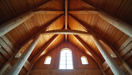 Poster - Low angle view of wooden vaulted ceiling with natural light through arched window openings. Intricate details, textures. Beautiful traditional architectural design, symmetry, perspective. Modern