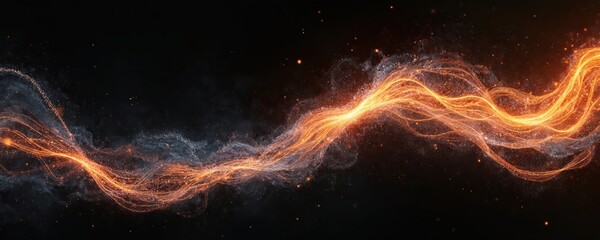 Leinwandbilder - Abstract fire waves with silver glitter sparkles on plain black background. Dynamic motion lines, curves, light effect. Glowing energy, technology space concept. Futuristic design for wallpaper,