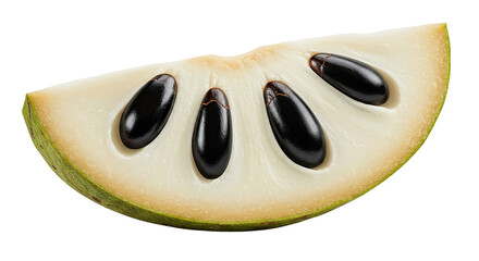 Aufkleber - Close-up shot of a sliced cherimoya fruit with prominent black seeds.
