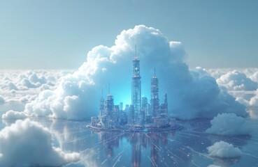 Poster - Futuristic cityscape emerges from clouds, representing cloud computing, automation. Modern tech metropolis with tall skyscrapers on reflecting surface. Digital transformation innovation.