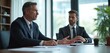 © Maryna - Two men in suits in business meeting. General counsel provides legal advice. Corporate lawyer consulting in modern office. Teamwork, collaboration, discussion. Law, justice, business concept.