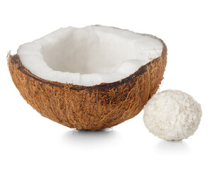 Wall Mural - Coconut and delicious chocolate candy isolated on white background