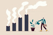 © Sector30 - Climate crisis and environment policy, ESG or ecology problem concept, businessman leader watering seedling plant on bar graph with pollution smoke rising up.