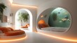 © Larisa AI - A stunning futuristic bedroom featuring an aquarium wall and natural elements, creating a serene, modern environment that emphasizes tranquility, relaxation, and innovative design.