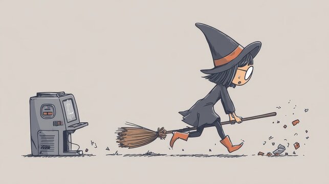 A witch on a broom sweeps up digital debris.