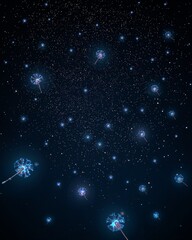 Poster - A dark blue background filled with stars and dandelion like objects floating in the night sky above