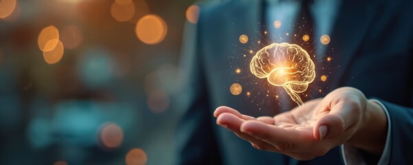 Poster - Person in suit holds glowing brain hologram. Brainstorming, idea, knowledge sharing, strategy concept. Imagination, inspiration for business, creative tech. Innovation, solution, transformation.