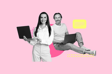 Poster - Banner sketch pop artwork collage of two happy girl hold laptop bubble communication chat dialogue messenger conversation
