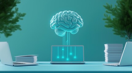 Poster - Robotic brain integrated in corporate system image render 3d. Improving digital data analytics online with AI background realistic graphic. Conceptual idea, visual storytelling