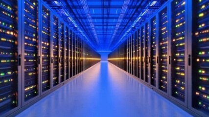 Poster - Technological Symmetry: A symmetrical perspective of a high-tech data center, filled with rows of server racks bathed in cool blue and gold light.