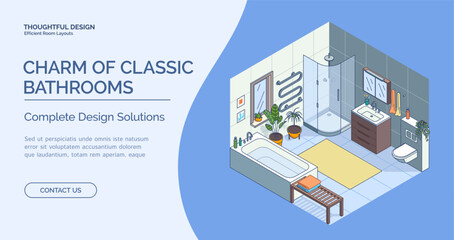 Poster - Cartoon Color Classic Bathroom Room Interior Inside Concept Ads Banner Poster Card 3d Isometric View Line Elements. Vector illustration