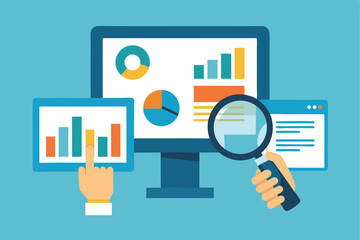Poster - Data Analytics Visualization With Bar and Pie Charts on Multiple Screens and Magnifying Glass, Showing Hand Touching Display