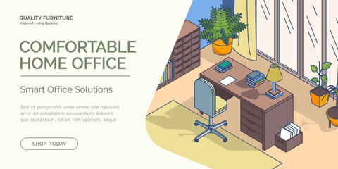 Poster - Cartoon Color Comfortable Home Office Interior Inside Concept Ads Banner Poster Card 3d Isometric View Line Elements. Vector illustration