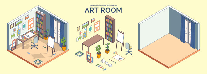 Poster - Cartoon Color Art Room Interior and Furniture Concept 3d Isometric View Line Elements. Vector illustration of Creative Workshop with Paints, Brushes and Easel