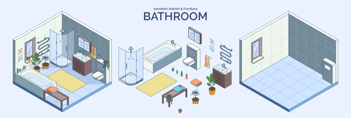 Poster - Cartoon Color Bathroom Room Interior and Furniture Concept 3d Isometric View Line Elements. Vector illustration of Bathtub, Sink and Toilet