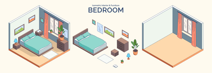 Poster - Cartoon Color Bedroom Room Interior and Furniture Concept 3d Isometric View Line Elements. Vector illustration of Bed and Bedside Tables