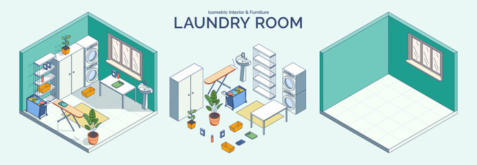 Poster - Cartoon Color Laundry Room Interior and Furniture Concept with Washing Machine 3d Isometric View Line Elements. Vector illustration