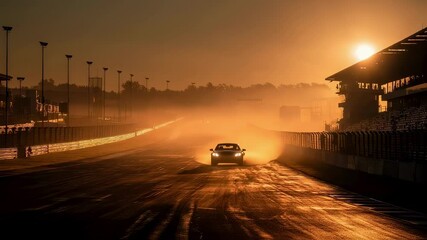 Wall Mural - golden sunlight bathes empty racing track, modern electric vehicle cruising forward with elegant pow