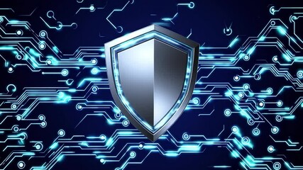 Fototapete - Futuristic cybersecurity shield with digital protection, blue glowing circuit, secure technology, abstract background