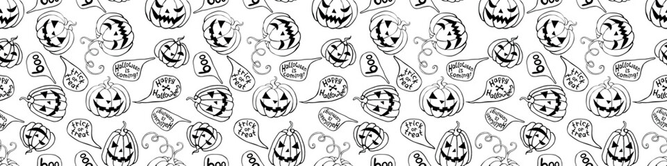 Wall Mural - Vector Seamless pattern with pumpkins, Jack o Lantern. Halloween backgrounds and textures in flat doodle style, isolated.