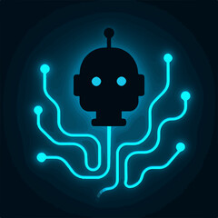 Poster - Futuristic Robot Head with Glowing Circuitry Digital Illustration on Dark Background Representing Artificial Intelligence and Technological Connectivity in a Modern and Abstract Style
