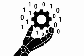 Fototapete - Robotic Hand Holding a Gear Surrounded by Binary Code Representing Artificial Intelligence and Technological Advancement in a Black and White Graphic Design black