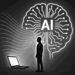 Fototapete - Artificial Intelligence Connection Silhouette of a Person Standing Before a Glowing Brain Circuit Connected to a Laptop with Dotted Lines on a Textured Background