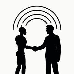 Poster - Human and Robot Collaboration A Silhouette Depiction of a Man and a Robot Shaking Hands with Communication Waves Emanating from the Robot black