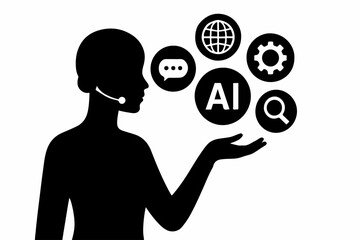 Poster - AI Powered Customer Service Representative Offering Solutions Globe Chat Settings Search and Artificial Intelligence in Black and White Vector Illustration Concept silhouette customer