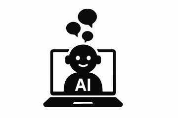 Fototapete - Artificial Intelligence on Laptop with Thought Bubbles Depicting AI Thinking and Learning Innovation and Technological Advancement in a Simple Black and White Icon