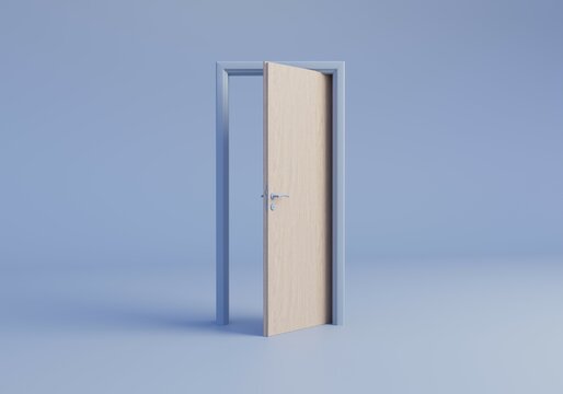 3d rendering illustration, open wooden door, isolated on  light pastel blue grey background. Opportunity transition abstract metaphor, modern minimal concept. Surreal scene.