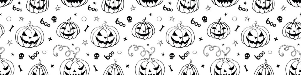 Wall Mural - Vector Seamless pattern with pumpkins, Jack o Lantern. Halloween backgrounds and textures in doodle style, isolated.