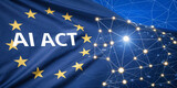 Conceptual image of the European Union flag with a superimposed, glowing network of interconnected data points and the text "AI ACT," symbolizing EU regulations on artificial