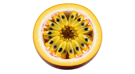Aufkleber - Close-up of a sliced passion fruit revealing its juicy pulp and seeds