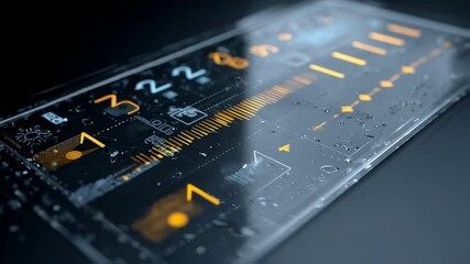 Aufkleber - Futuristic transparent screen displaying various data points, statistics, and indicators, with water droplets scattered across its surface, creating a high tech and innovative visual