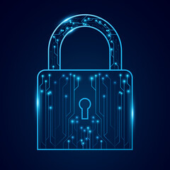 Poster - Futuristic padlock with glowing circuit board pattern and electronic elements on dark background. Cybersecurity element for data protection, network security and secure technology. Vector.