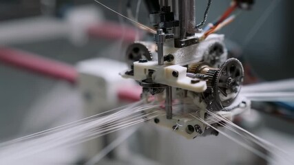 Poster - close up of an innovative textile machine skillfully weaving delicate threads in a modern factory, h