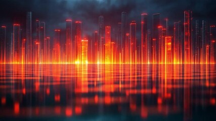 Aufkleber - Neon Metropolis: A futuristic cityscape pulses with vibrant neon lights, casting dynamic reflections across a dark, water-like surface.
