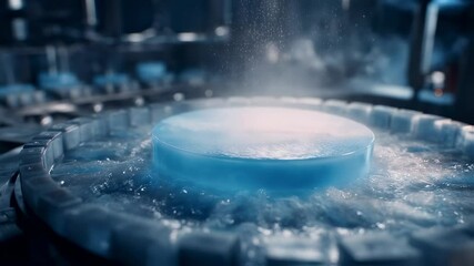 Poster - Futuristic blue material undergoing an innovative industrial cooling process, submerged in water within a manufacturing facility, highlighting advanced technological advancements