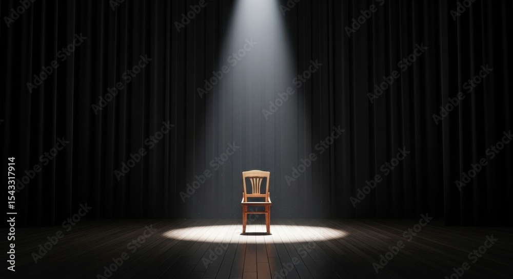 Empty wooden chair on a dark stage bathed in a single dramatic ...