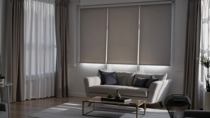 Poster - Modern living room elegance featuring beige sofa, neutral curtain, sunlight streaming in, minimalist decor, and cozy atmosphere