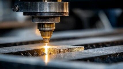 Poster - high precision industrial laser cutter cutting a metal sheet in a workshop, generating sparks and de