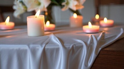 Poster - Soft candlelight glow white satin tablecloth with gentle folds and fresh lilies, creating peaceful, intimate, and elegant