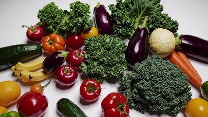 Poster - Fresh produce vibrant kale eggplant tomato carrot zucchini pepper and citrus arranged with green kale eggplant tomato carrot