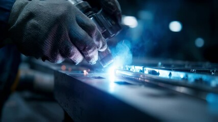 Poster - skilled metal worker uses a high tech welding tool, generating bright sparks and smoke, demonstratin